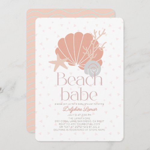 Beach Babe Seashell Pink Girl Baby Shower Invitation