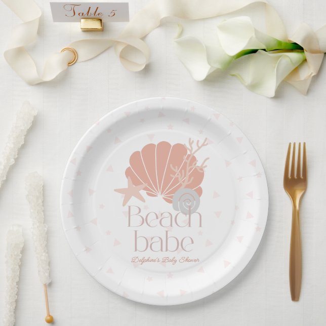 Beach Babe Seashell Pink Girl Baby Shower Paper Plates (Wedding)