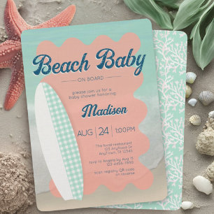 Beach Baby on Board Coral Mint Gingham Baby Shower Invitation