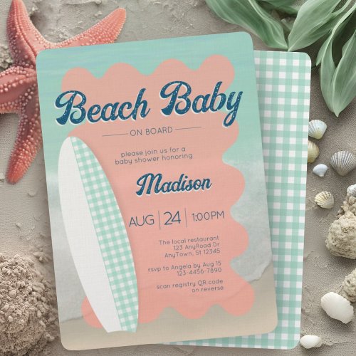 Beach Baby on Board Coral Mint Gingham Baby Shower Invitation