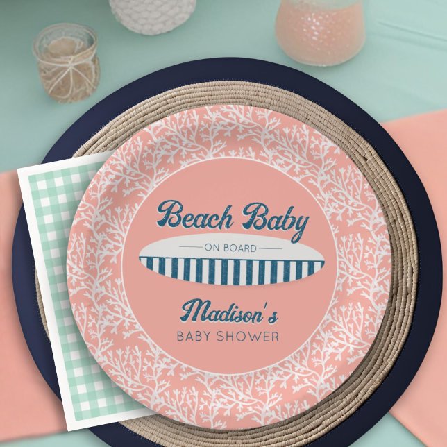 Beach Baby on Board Coral Surfboard Baby Shower Paper Plates (Creator Uploaded)