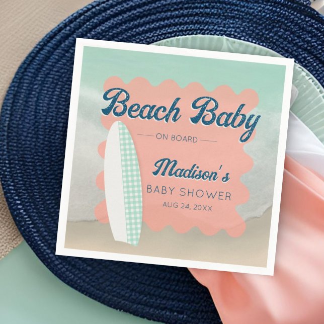 Beach Baby on Board Gingham Surfboard Baby Shower Napkins (Creator Uploaded)