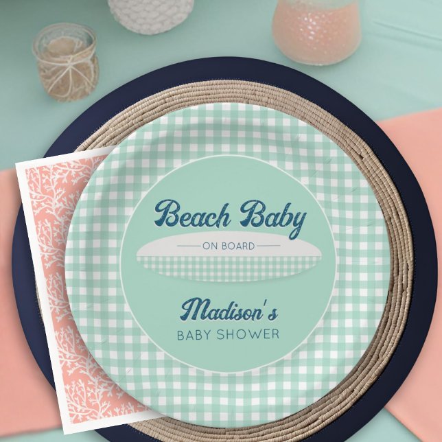 Beach Baby on Board Navy Mint Gingham Baby Shower Paper Plates (Creator Uploaded)