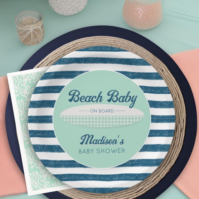 Beach Baby on Board Navy Stripes Mint Baby Shower Paper Plates (Creator Uploaded)