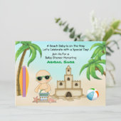 Beach Baby Sandcastle and Surfboard Baby Shower Invitation (Standing Front)
