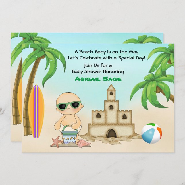 Beach Baby Sandcastle and Surfboard Baby Shower Invitation (Front/Back)