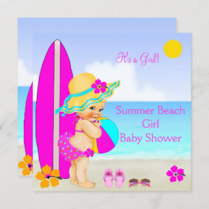Beach Baby Shower Girl Pink Teal Blue Sunhat Invitation