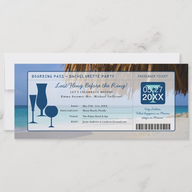 Beach Bachelorette Party Boarding Pass Invitation (Front)