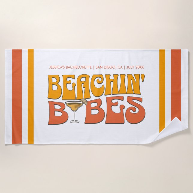 Beach Bachelorette Party Groovy Beachin Babes Beach Towel (Front)