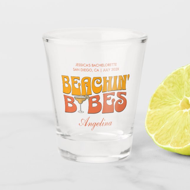 Beach Bachelorette Party Groovy Beachin Babes Shot Glass (Front)