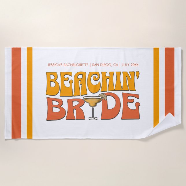 Beach Bachelorette Party Groovy Beachin Bride Beach Towel (Front)