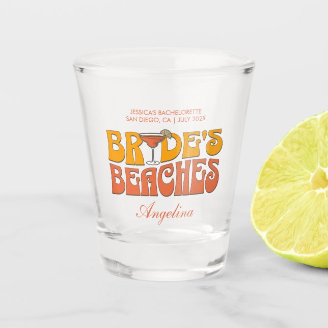 Beach Bachelorette Party Groovy Bride's Beaches Shot Glass (Front)