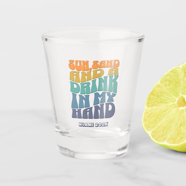 Beach Bachelorette Party Groovy Retro Bridesmaid Shot Glass (Front)