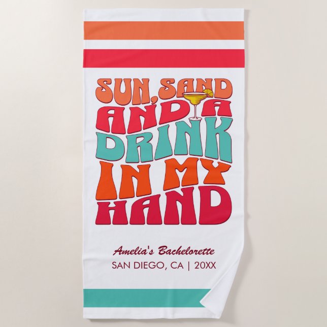 Beach Bachelorette Party Groovy Sun Sand Drink Towel (Front)