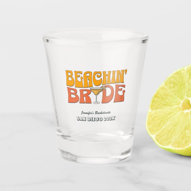 Beach Bachelorette Party Retro Beachin Bride Shot Glass (Front)
