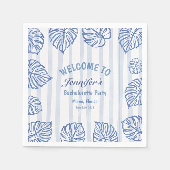 Beach BACHELORETTE Whimsical Blue palm leaves Napkins (Front)