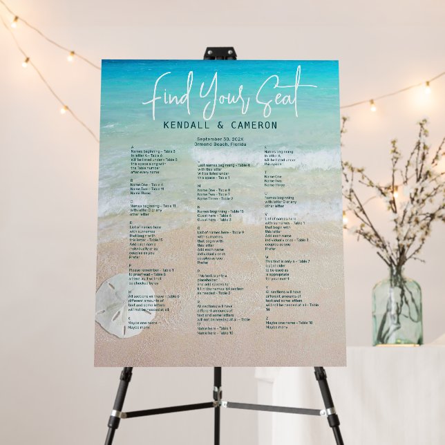 Beach Background Alphabetical Guest Seating List Foam Board (In Situ (Stand))