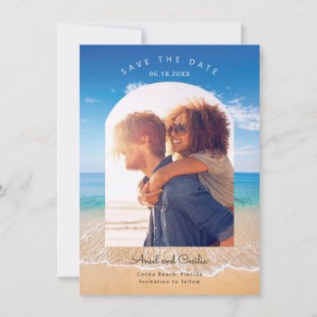 Beach Background Photo Arch Save The Date Invitation by marlenedesigner at Zazzle