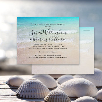 Beach Background Postcard Wedding Invitation by sandpiperWedding at Zazzle