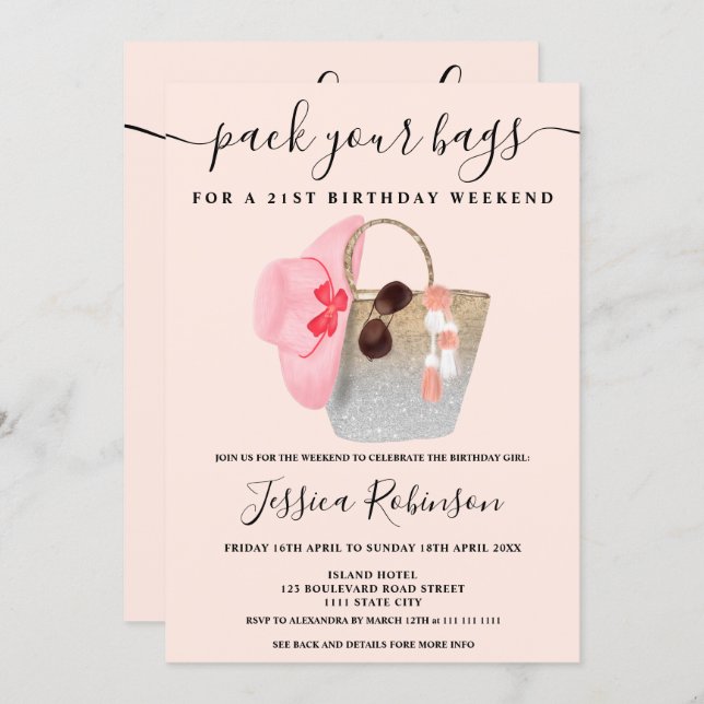 Beach bag birthday silver pink glitter weekend invitation (Front/Back)