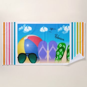 Beach Ball And Flip Flops Beach Towel by NatureTales at Zazzle