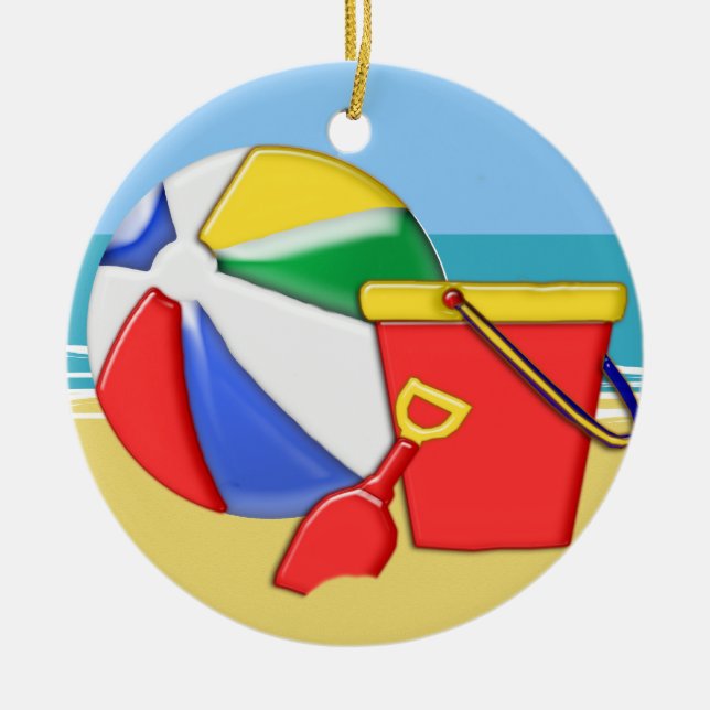Beach Ball, Pail & Shovel at the Shore Ceramic Ornament (Front)