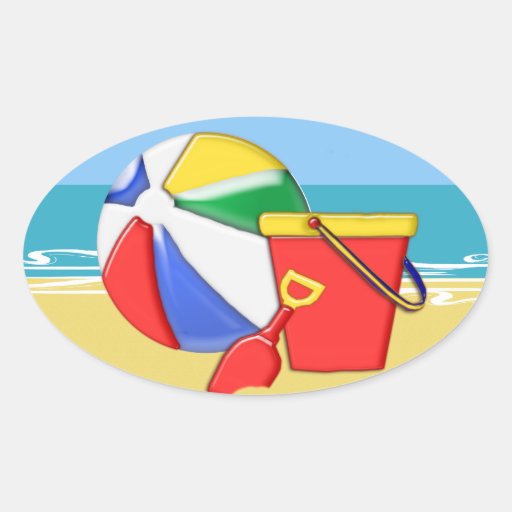 Beach Ball, Pail & Shovel at the Shore Oval Sticker | Zazzle