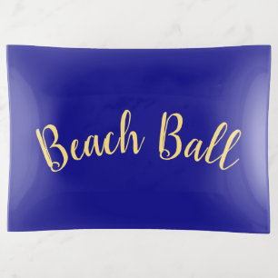 BEACH BALL Text Elegant Navy Blue Background Trinket Tray