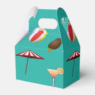 Beach balls, ice cream and cocktail on green favor boxes
