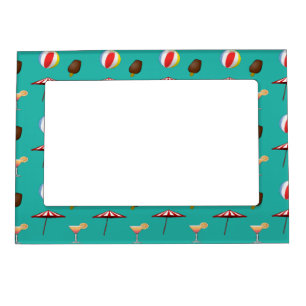 Beach balls, ice cream and cocktail on green magnetic frame