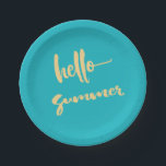 Beach Barbecue Picnic Party Hello Summer Paper Plates<br><div class="desc">Hello Summer we just love you! - Summer vacation trips to the beach,  backyard barbecues,  splashing in the pool are all part of the summer time fun. Enjoy your summer party celebration with these yellow typography style plates. Blue background color.</div>