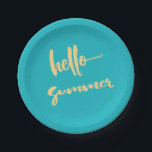 Beach Barbecue Picnic Party Hello Summer Paper Plates<br><div class="desc">Hello Summer we just love you! - Summer vacation trips to the beach,  backyard barbecues,  splashing in the pool are all part of the summer time fun. Enjoy your summer party celebration with these yellow typography style plates. Blue background color.</div>