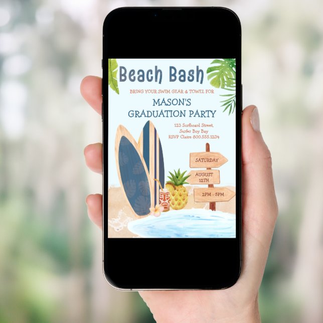 Beach Bash Graduation Party Surfboard Invitation (Front Digital)