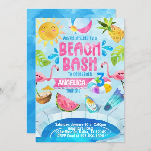 Beach Bash Pool Party Birthday Invitation Invite