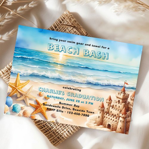 Beach Bash Sandcastle Starfish Graduation Party Invitation