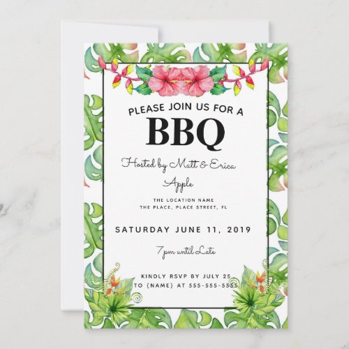 Beach BBQ Party Barbecue tropical leaves Invitation