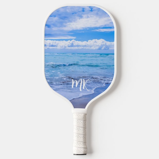 Beach Beautiful Blue Sky Clouds Monogrammed Pickleball Paddle (Front)