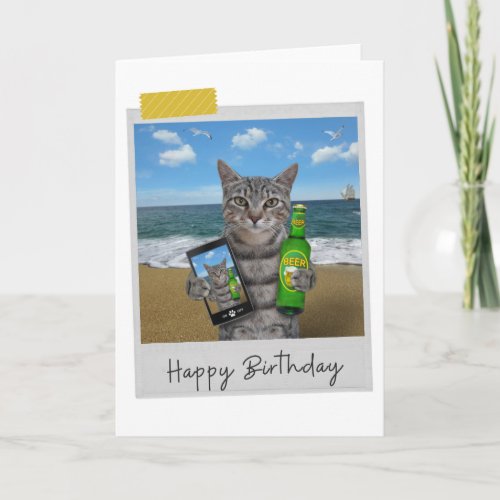Beach Beer Tabby Cat Funny Birthday Card