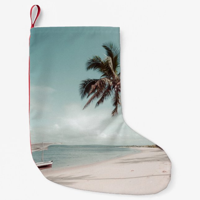 Beach beside coconut palm tree small christmas stocking (Front)