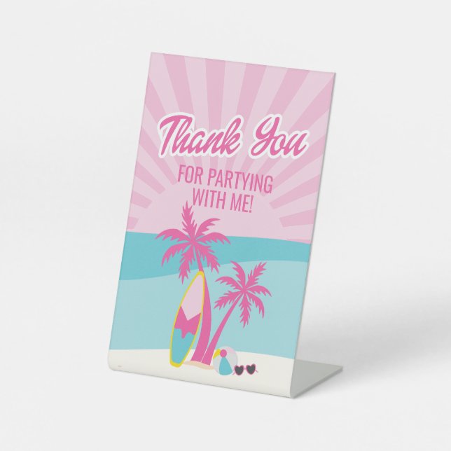Beach Besties Let's Go Party Pink birthday Pedestal Sign (Front)