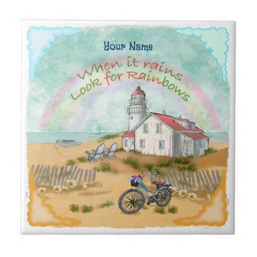 Beach Bike Lighthouse custom name Ceramic Tile
