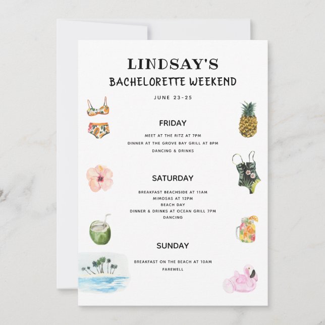 Beach Bikini Bachelorette Itinerary Invitation (Front)