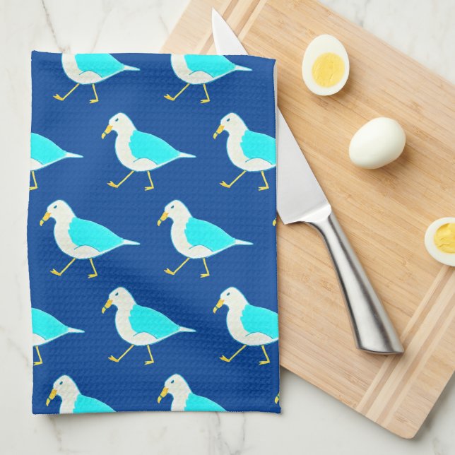 Beach Bird Art Blue Seagulls Kitchen Towel (Quarter Fold)