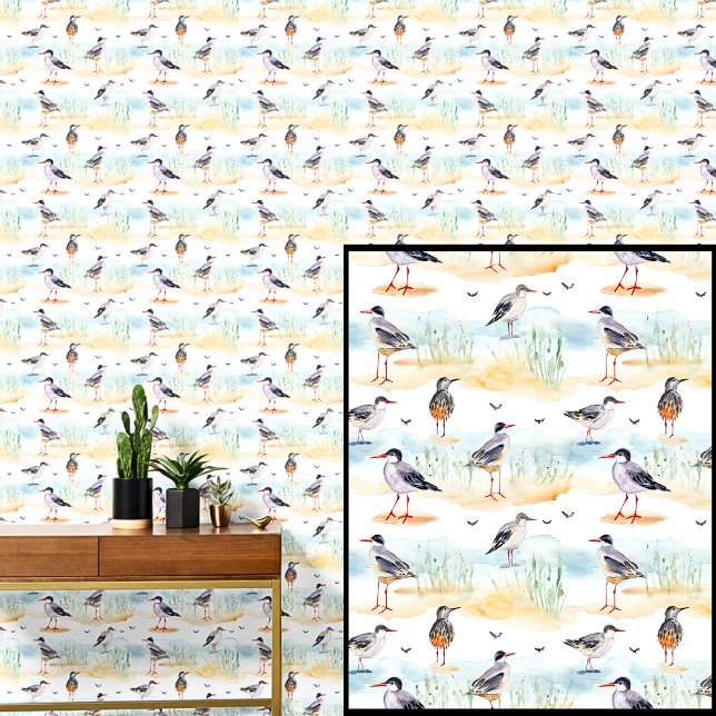 Beach Birds Seagulls on Sandy Beach with Waves     Wallpaper (Creator Uploaded)