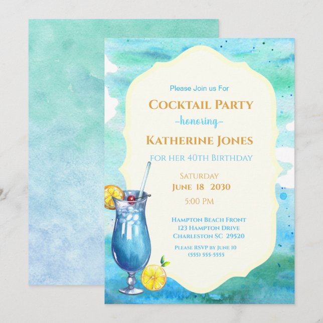 Beach Birthday Cocktail Party Blue Lagoon   Invitation (Front/Back)