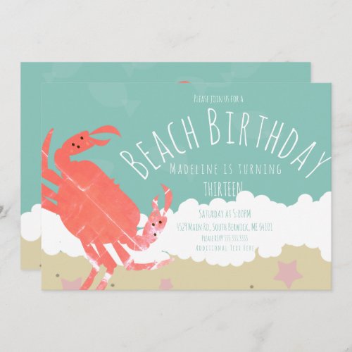 Beach Birthday Crab Sand Ocean Waves Invitation