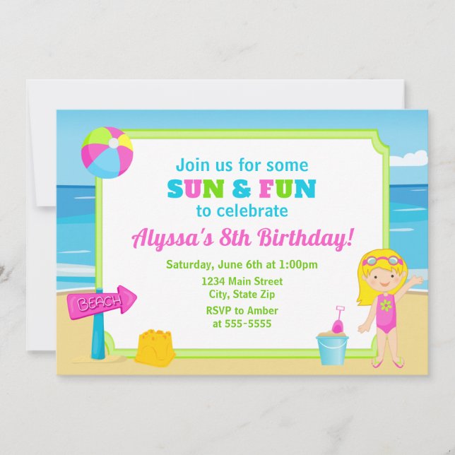 Beach Birthday Invitation Beach Party Girl (Front)