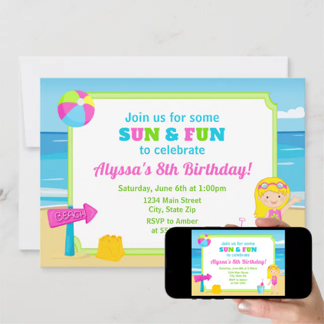 Beach Birthday Invitation Beach Party Girl Zazzle