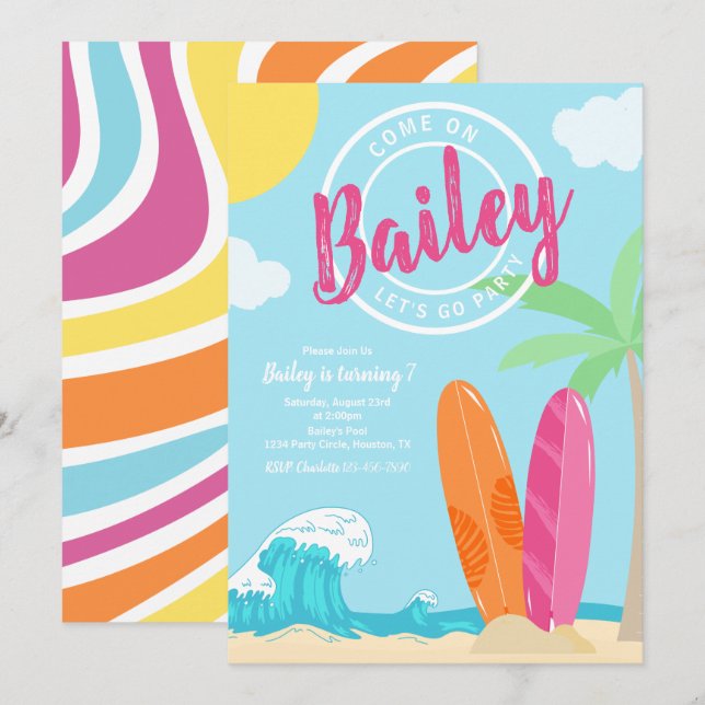 Beach Birthday Invitation | Girl Beach Invitation (Front/Back)