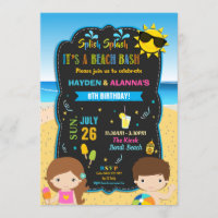 Beach Birthday Party Bash Twins Siblings Boy Girl Invitation